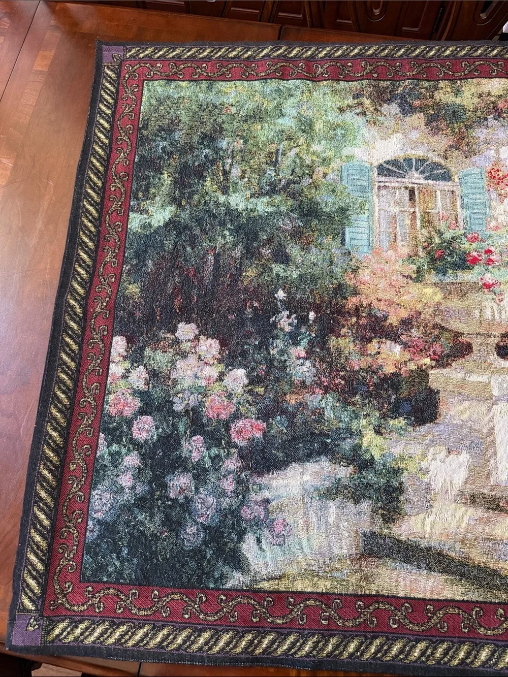 VTG French style Secret Garden scene Floral Tapestry wall Wall Art Hanging 56x38